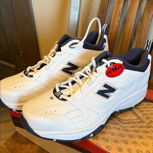 New Balance White and Navy Leather Walking Sneakers